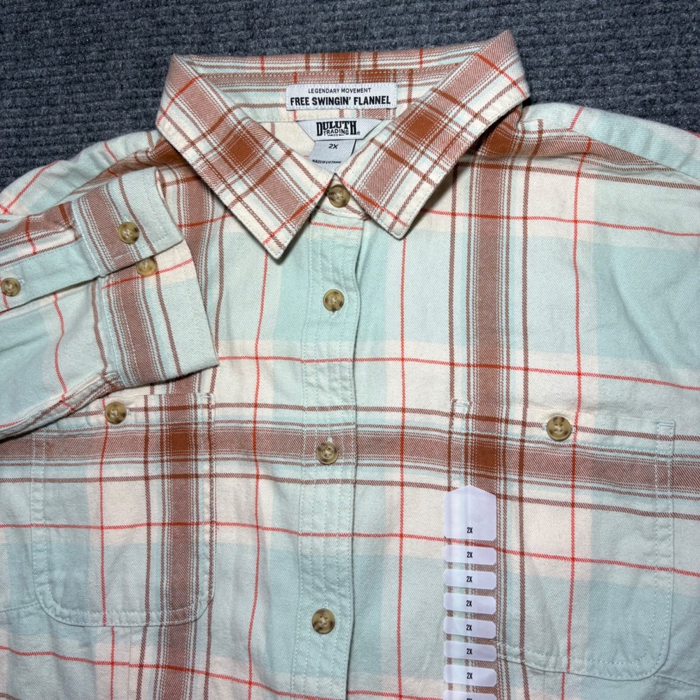 Duluth Trading Co Free Swingin Flannel Shirt Women 2X Blue Brown Plaid 74760 NWT